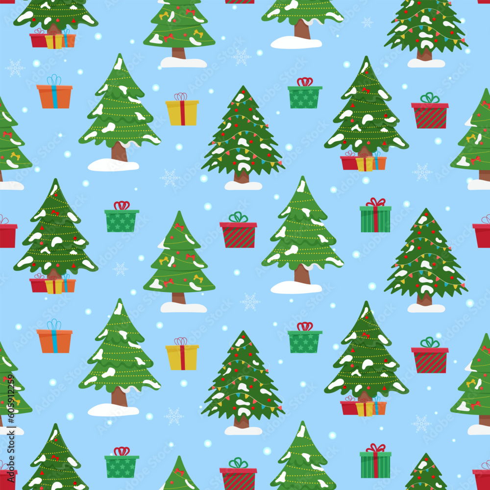 Christmas tree with tree ball and tree toy seamless pattern. Flat vector illustration