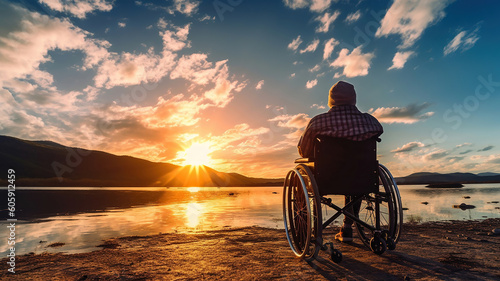 Disabled handicapped man has a hope. He is sitting on wheelchair and stretching hands at sunset. Generative Ai