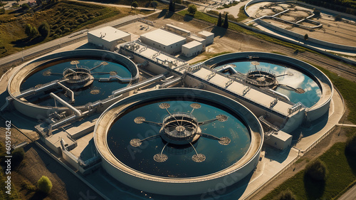 Aerial view of wastewater treatment plant, filtration of dirty or sewage water. Generative Ai