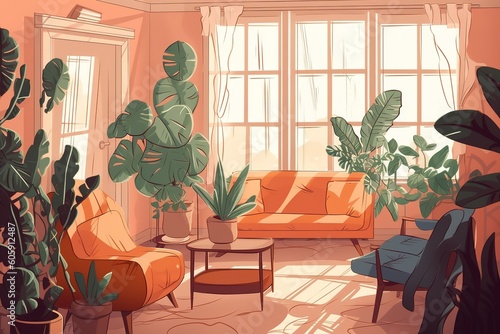 illustration of Living room interior Comfortable sofa TV window. Generative AI