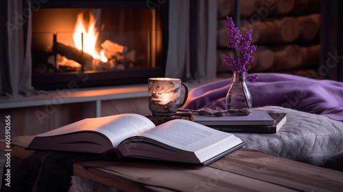 cozy home decor with a book to read by the fireside, in the style of light violet and dark gray. Generative Ai © Malika