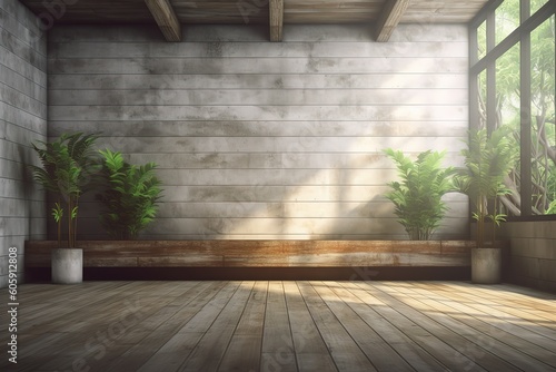 Empty old wood plank wall with plants. Generative AI