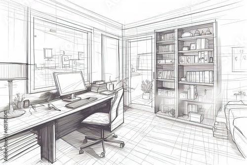 Home office interior Vector sketch. Generative AI