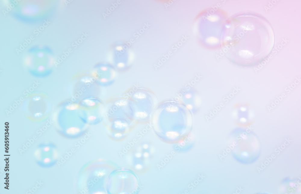 Beautiful Transparent Soap Bubbles. Abstract Background. Defocused White Space. Celebration Festive Backdrop. Freshness Soap Suds Bubbles Water	