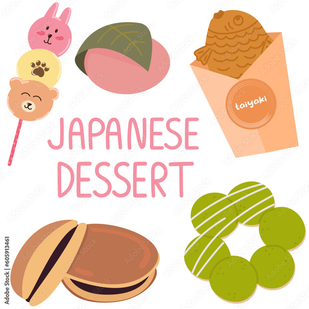 Set with japanese desserts. Japanese street food dessert.Taiyaki,mochi