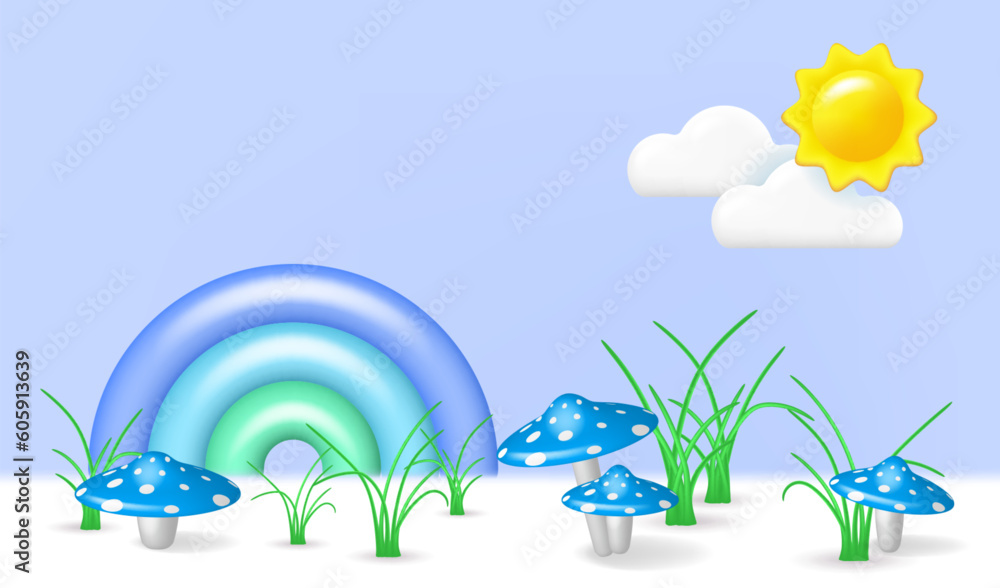 3D landscape with grass and blue mushrooms. Vector grass, blue mushrooms on the lawn, sun, clouds and rainbow