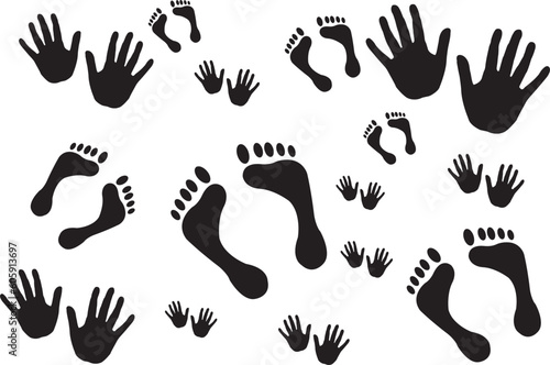 Human hand and foot prints, stylized handprint and footprint trace. Black and white icon, vector illustration.