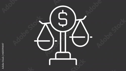 Financial law white icon animation. Animated line balancing scale of justice with dollar sign. Loop HD video with chroma key, alpha channel, transparent background. Outline motion graphic animation photo