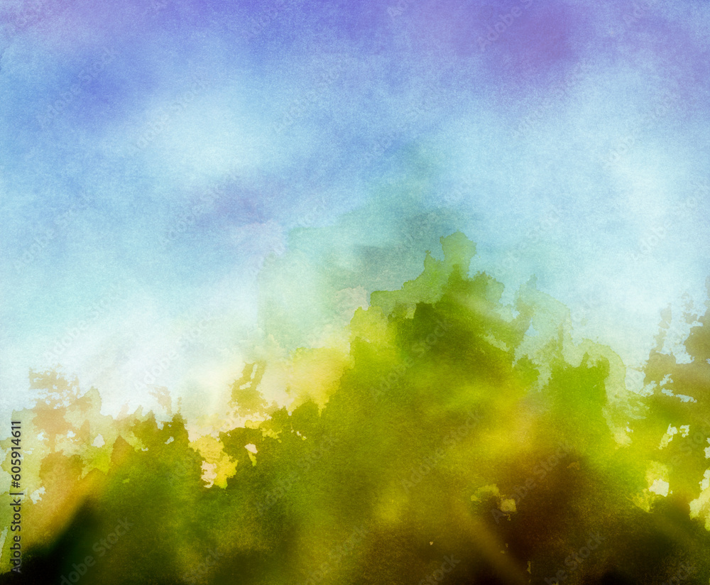 Abstract watercolour quick sketch: sky and forest. 