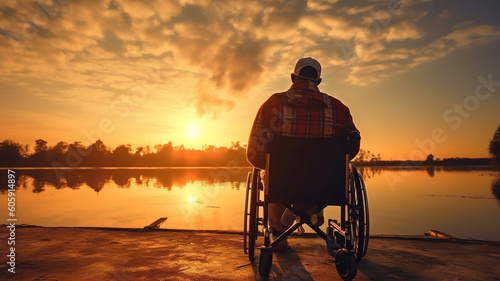 Disabled handicapped man has a hope. He is sitting on wheelchair and stretching hands at sunset. Generative Ai