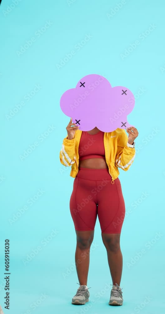 Black woman, speech bubble and mockup for social media in studio isolated on blue background. Voice, opinion and African female person with advertising, marketing space and tracking markers on poster Black woman, speech bubble and mockup for social media in studio isolated on blue background. Voice, opinion and African female person with advertising, marketing space and tracking markers on poster