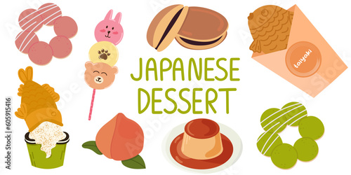 Set with japanese desserts. Japanese street food dessert.Taiyaki,mochi,dango,nerikiri,purin.