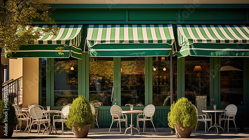 a cafe with beautiful green awnings and chairs. Generative Ai photo