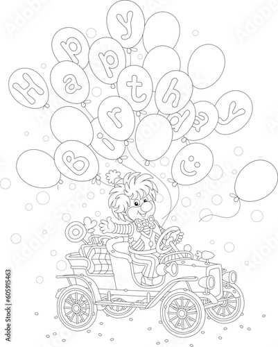 Happy birthday card with a funny circus clown friendly smiling and waving in greeting in a toy retro car and holiday balloons flying around, black and white outline vector cartoon