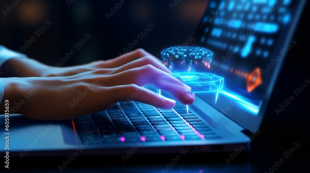 person typing on keyboard with a hologram person typing on keyboard with a hologram