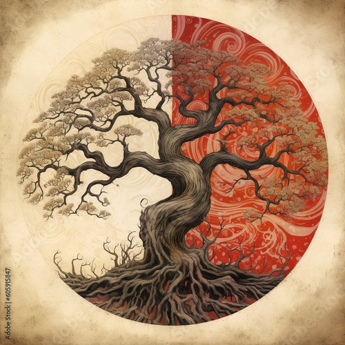 Dualité Saisonnière : Arbre de Vie Yin et Yang aux Teintes Rouges photo