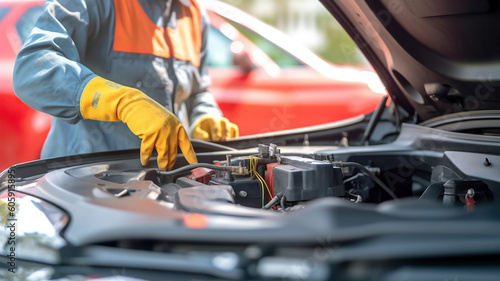 Selective focus hands in gloves of expert technicain electric car, EV car while opened A used Lithium-ion car battery before its repair. Generative Ai