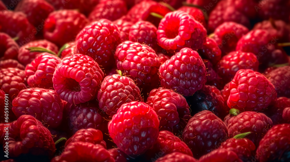 Fruit banner from the harvest of ripe organic raspberries, generative AI. Fruit banner from the harvest of ripe organic raspberries, generative AI.