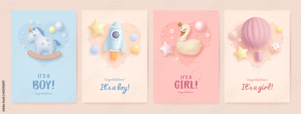 Set of baby shower invitation with cartoon rocket, hot air balloon, swan, rocking horse and helium balloons. Its a girl, its a boy. Vector illustration