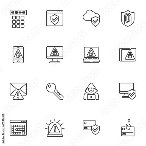 Cyber and web security line icons set