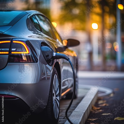 Charging a gray electric car, future transportation concept close - up view bokeh background