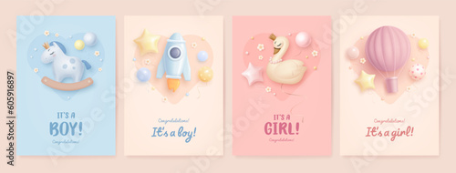 Set of baby shower invitation with cartoon rocket, hot air balloon, swan, rocking horse and helium balloons. Its a girl, its a boy. Vector illustration