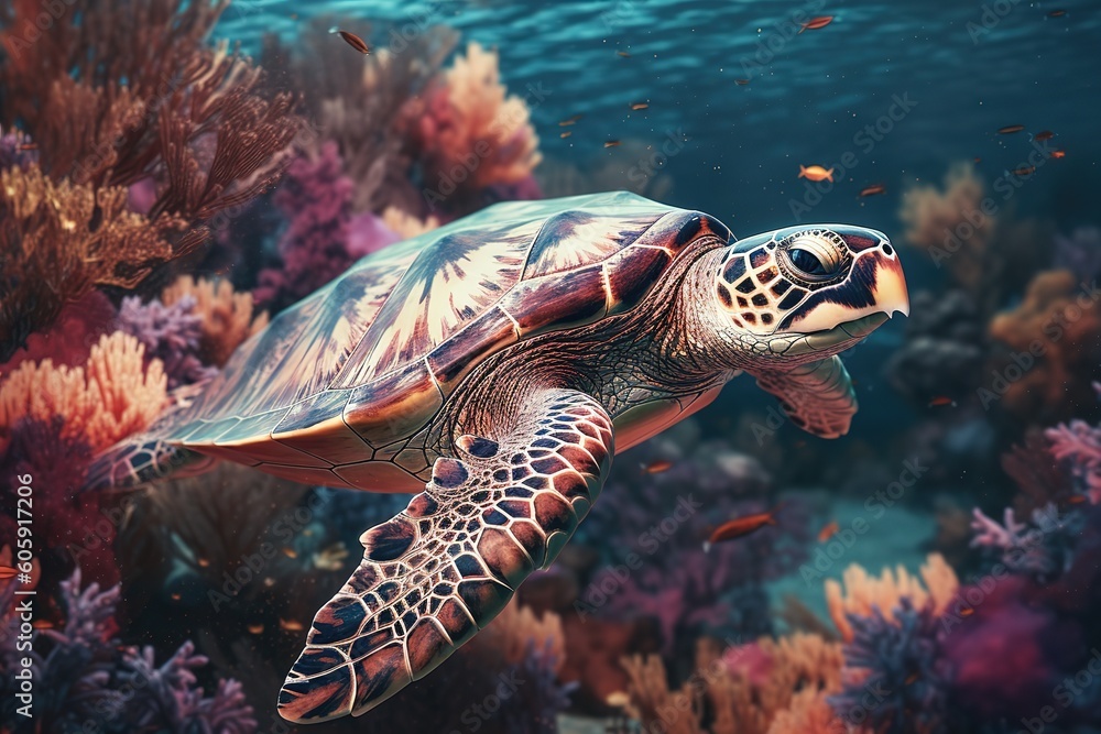 close up of turtle swimming in sea. Generative AI close up of turtle swimming in sea. Generative AI