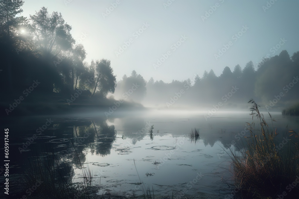 beautiful river with fog and mist around. Generative AI