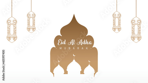 Islamic theme banner poster background design for Eid al-Adha celebration with mosque decoration and lights