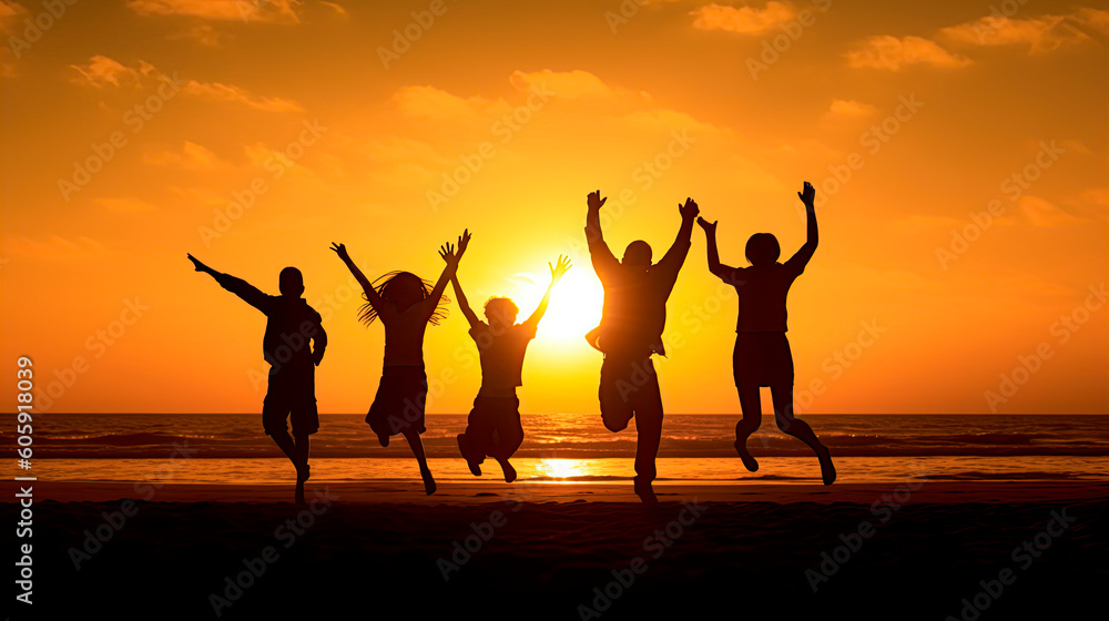 Happy family jumping together on the beach silhouette. Generative AI Happy family jumping together on the beach silhouette. Generative AI