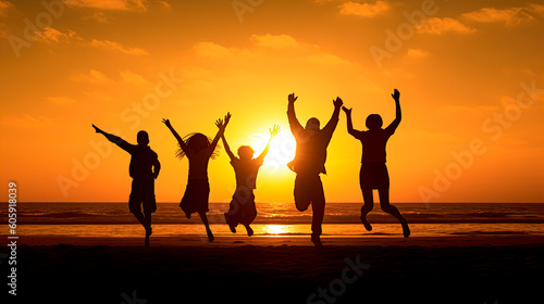 Happy family jumping together on the beach silhouette. Generative AI