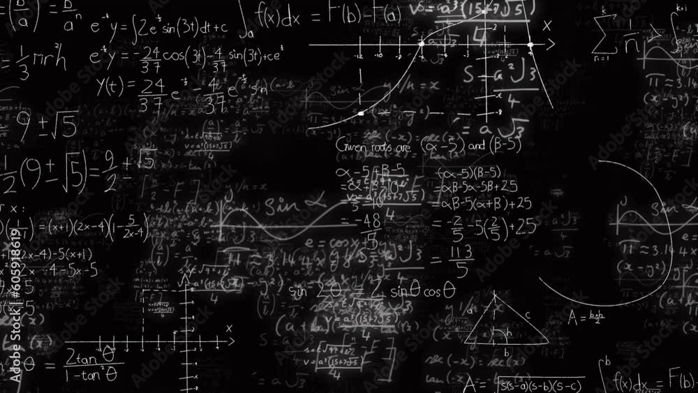 Animation of spots of light over mathematical equations and formulas against black background Animation of spots of light over mathematical equations and formulas against black background