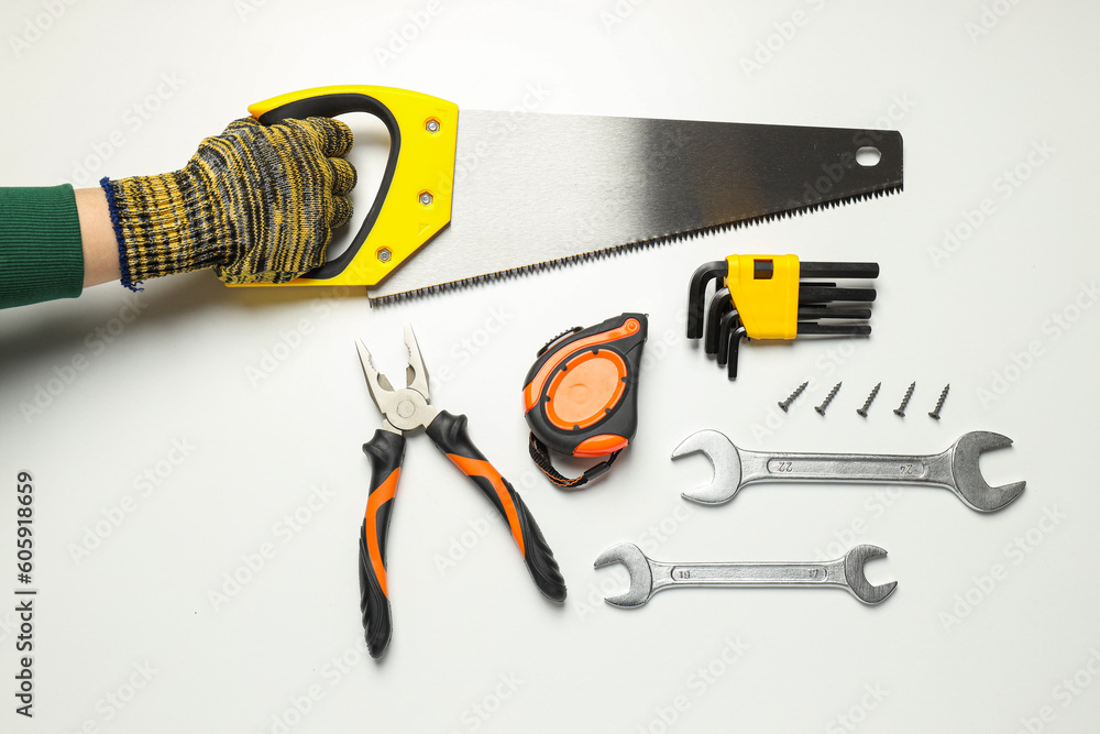 Concept of different work accessories, engineering supplies and tools Concept of different work accessories, engineering supplies and tools