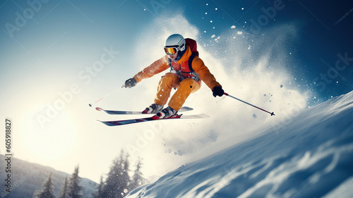 Skiing. Jumping skier. Extreme winter sports. Generative AI