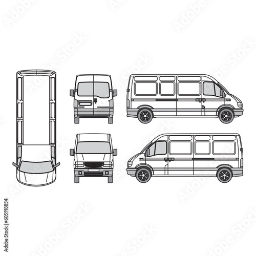 van outline, vintage 1998, isolated white background, front, back, top and side view, part 8