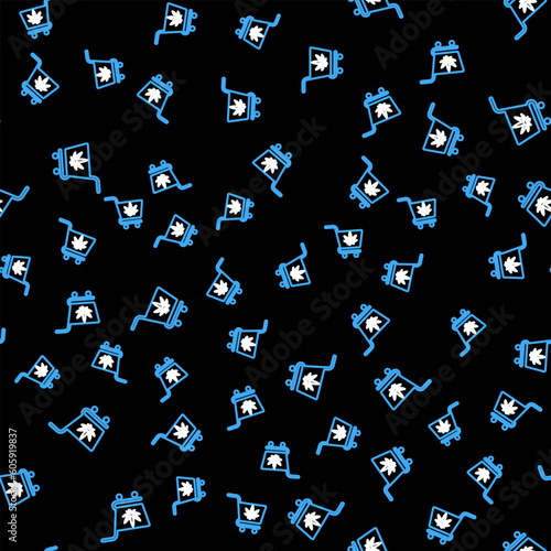 Line Shopping cart with marijuana or cannabis leaf icon isolated seamless pattern on black background. Online buying. Delivery service. Supermarket basket. Vector