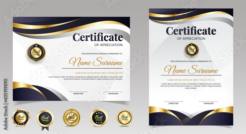 Black and gold certificate of appreciation border template with luxury badge and modern line and shapes. For award, business, and education needs. Diploma vector template	