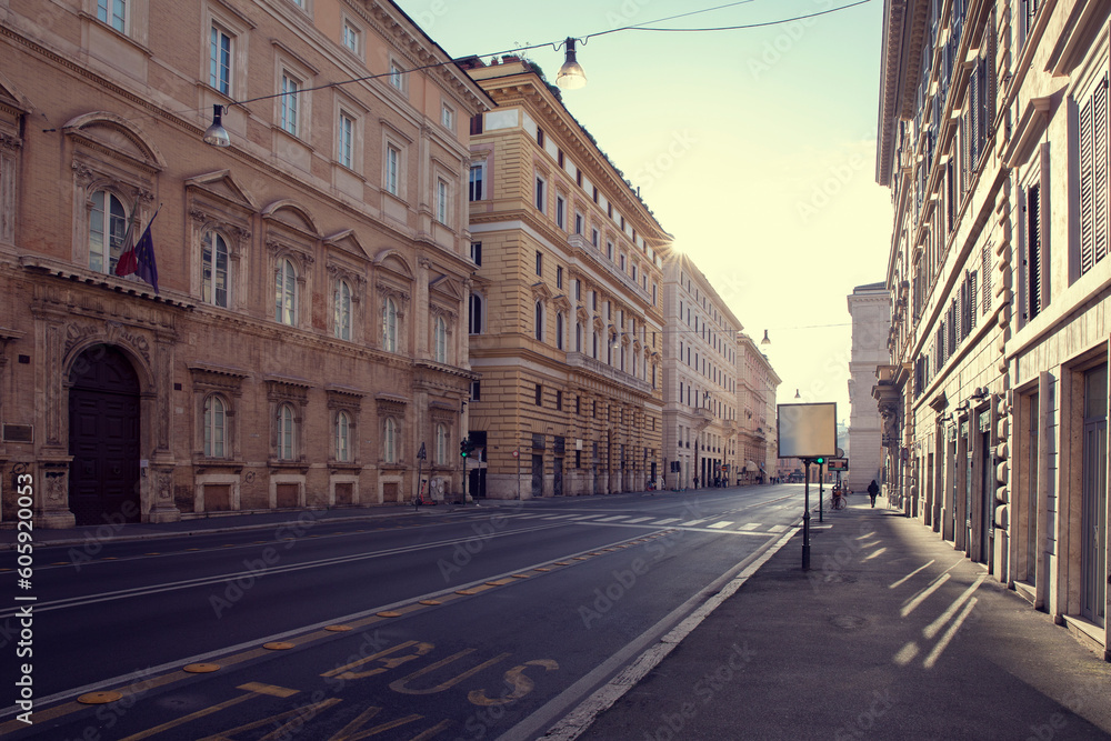 Empty street in Rome city, Lazio, Italy