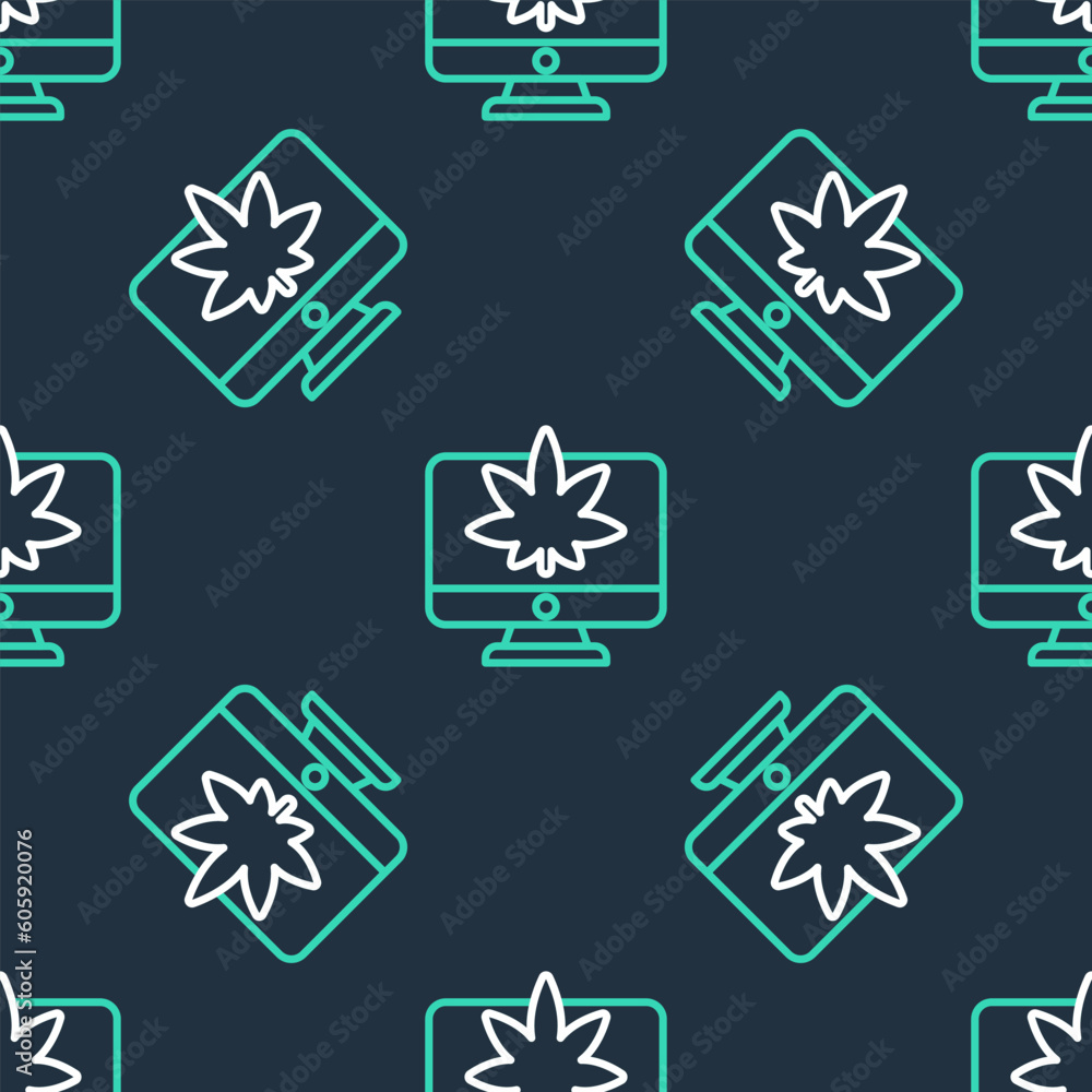 Line Computer monitor and medical marijuana or cannabis leaf icon isolated seamless pattern on black background. Online buying. Supermarket basket. Vector Line Computer monitor and medical marijuana or cannabis leaf icon isolated seamless pattern on black background. Online buying. Supermarket basket. Vector