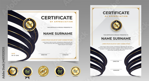 Black and gold certificate of appreciation border template with luxury badge and modern line and shapes. For award, business, and education needs. Diploma vector template	
