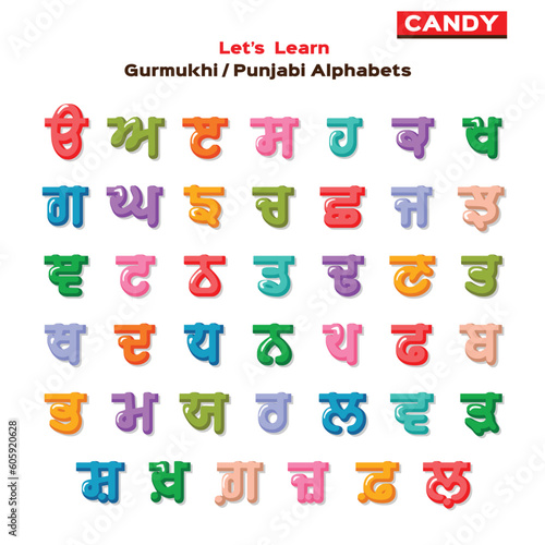 Candy Color Punjabi Alphabets, Colorful vector flash card, design made from Punjabi letters, Gurmukhi Printable Poster for Kids, Learn Punjabi, Learn Gurmukhi, Letter Recognizing practice, Kaida photo