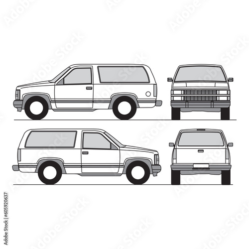offroad car outline, vintage 1994, isolated white background, front, back, top and side view
