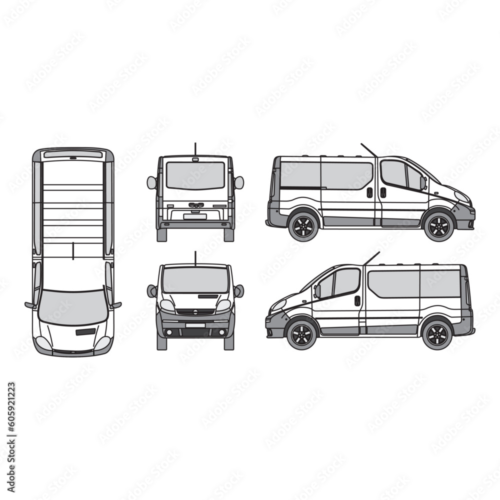 Obraz premium minibus car outline, vintage 2001 year, isolated white background, front, back, top and side view, part 3
