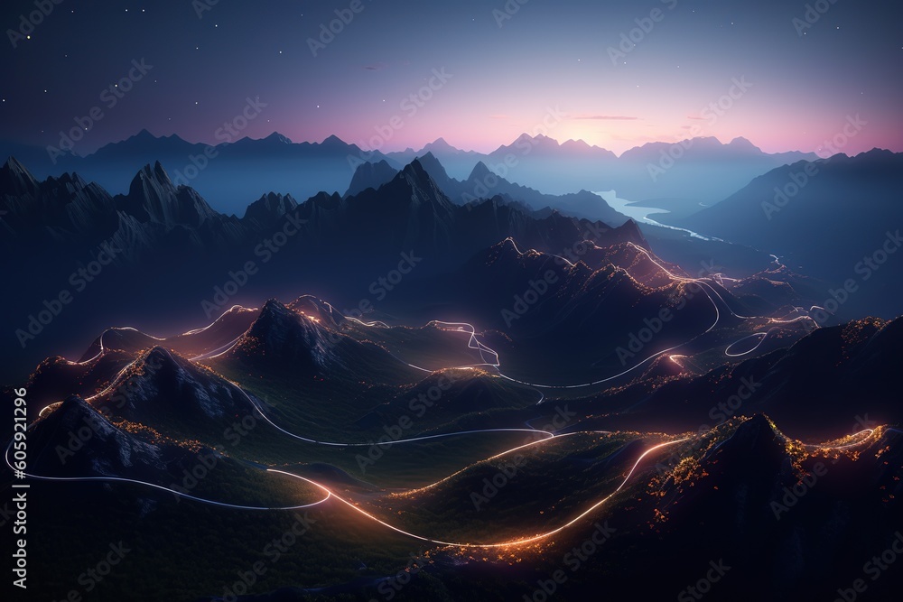 colorful rays flowing from mountains. Generative AI