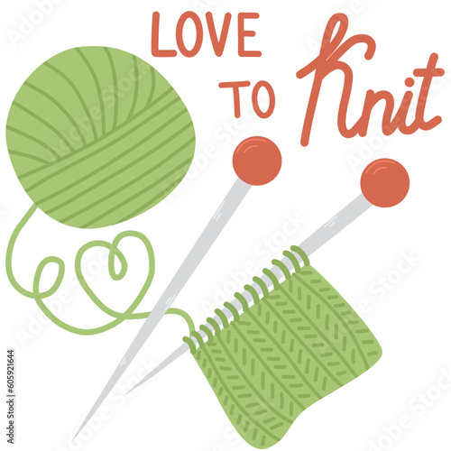  Balls of wool yarn with knitting needles, knitting flat design vector.Love to Knit.