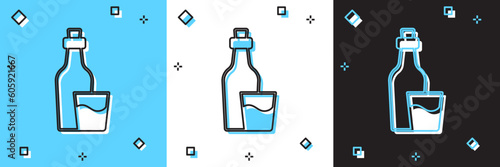 Set Soju bottle icon isolated on blue and white, black background. Korean rice vodka. Vector