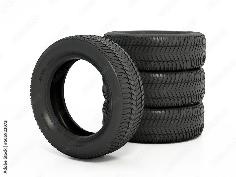 Generic car tyres isolated on white background. 3D illustration