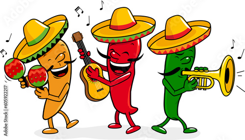 Cartoon mariachi peppers with sombreros, playing music with maracas, guitar and trumpet. Vector illustration