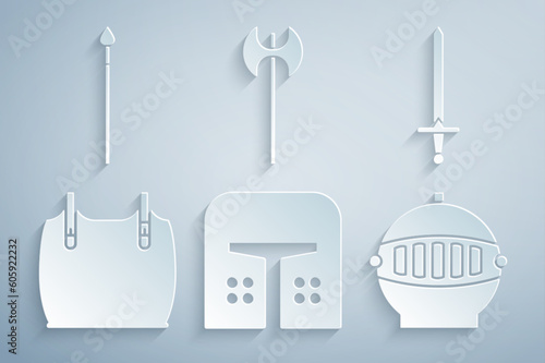Set Medieval iron helmet, sword, Body armor, axe and spear icon. Vector