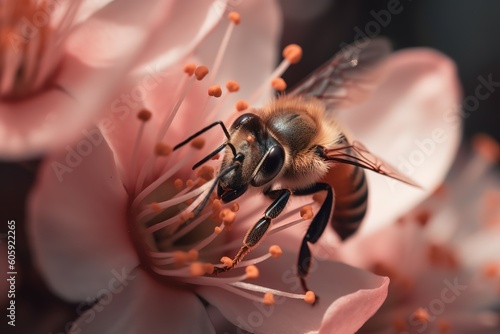 close up of honey bee on flower. Generative AI